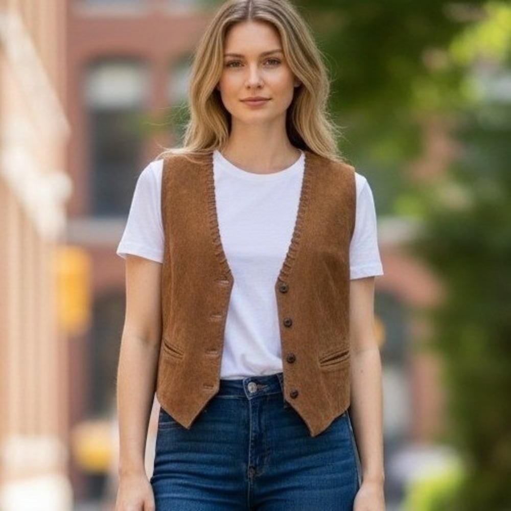 Monza Mode Womens Leather Vest L Brown Whipstitch Western Boho Waistcoat Prairie